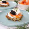 Potato Latkes with Poached Quail Eggs, Lemon Dill Crème Fraîche and Caviar