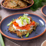 Potato Latkes with Poached Quail Eggs and Lemon Dill Creme Fraiche