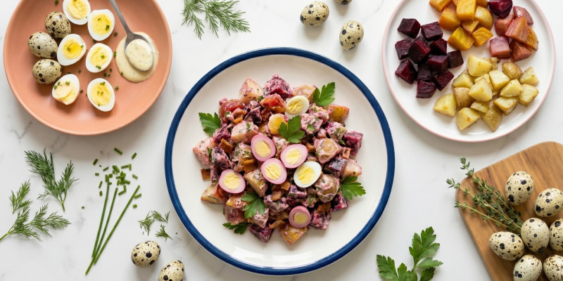 Andrea Lynn's Crispy Roasted Beet & Potato Salad with Quail Eggs & Herby Dijonnaise
