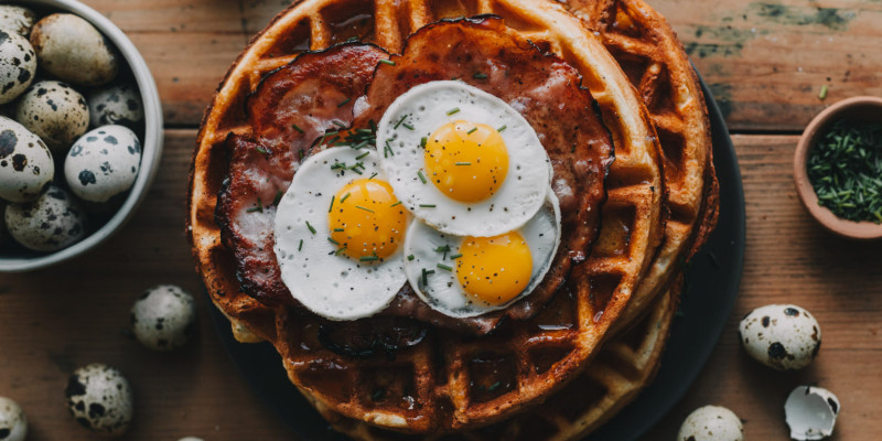 Cheddar Chive Cornbread Waffles With Fried Quail Eggs