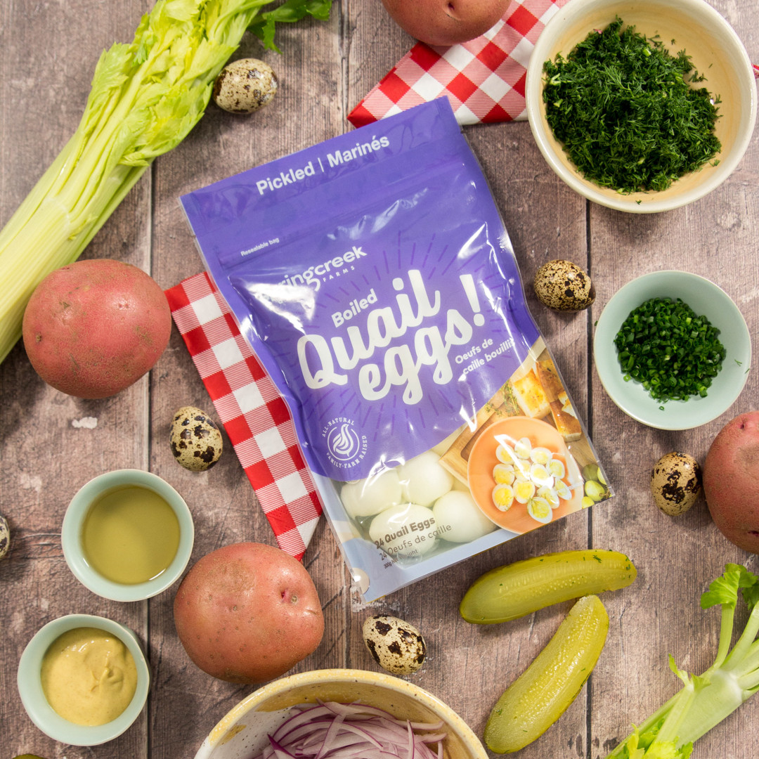 pickled quail eggs and ingredient in bowls