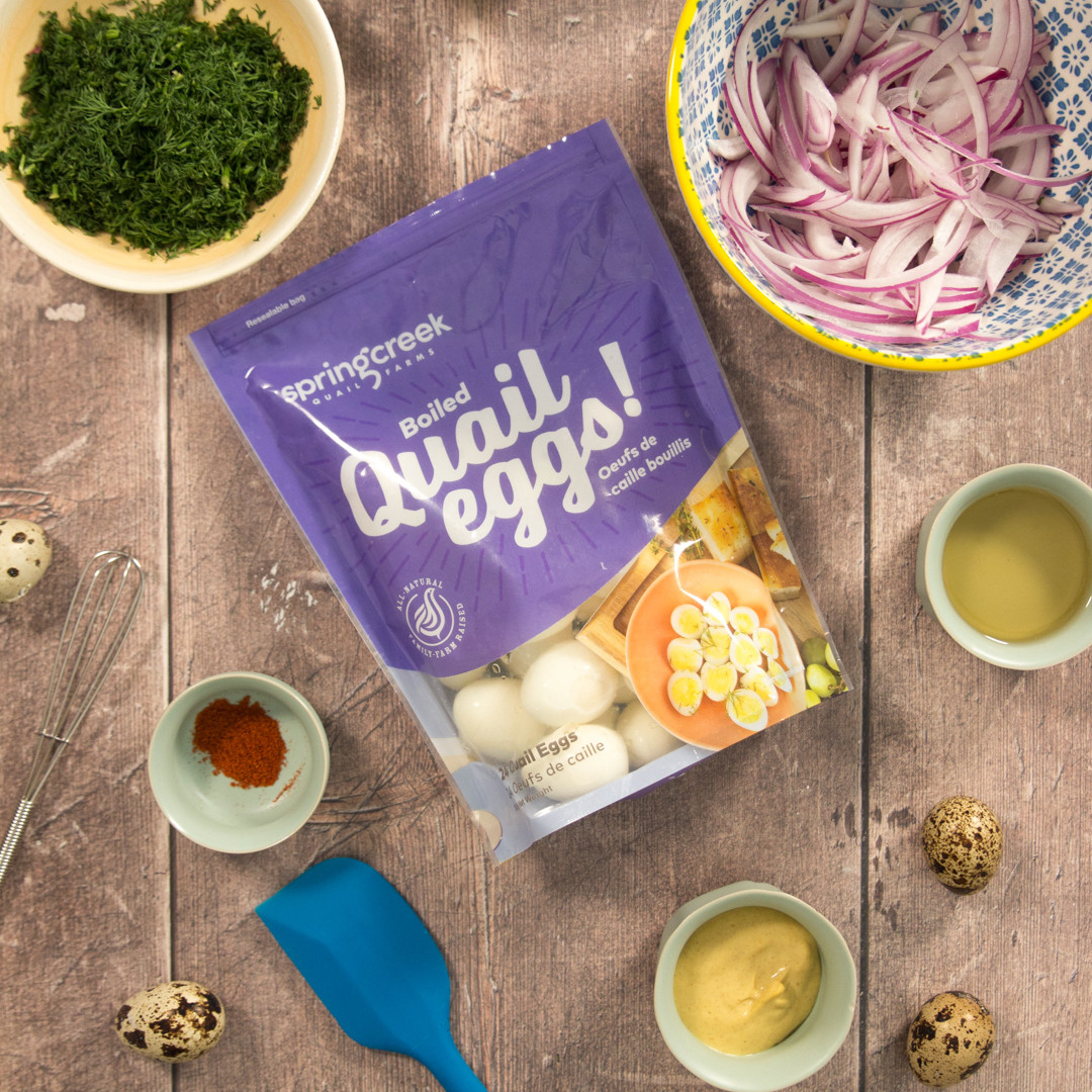 pickled quail eggs and ingredient in bowls