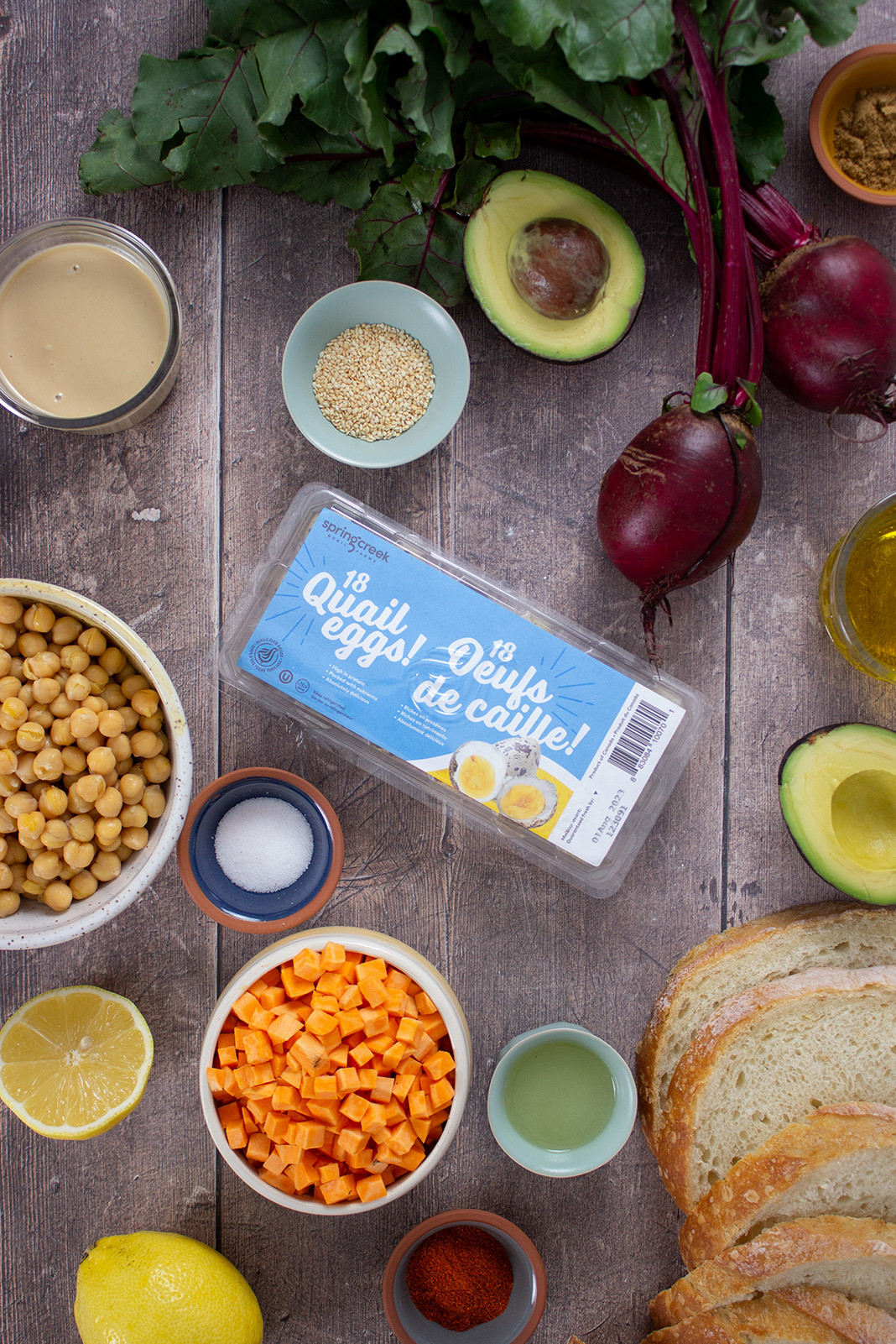 spring creek quail egg package surrounded by veggies