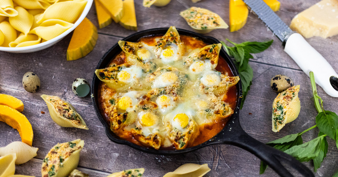 Butternut Squash Stuffed Shells with Quail Eggs | Spring Creek Quail Farms