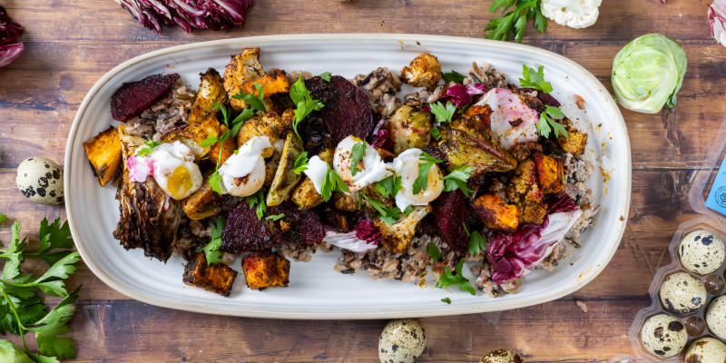 Warm Rice Salad with Roasted Veggies and Poached Quail Eggs