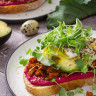 Beet Hummus Toast with Poached Quail Eggs