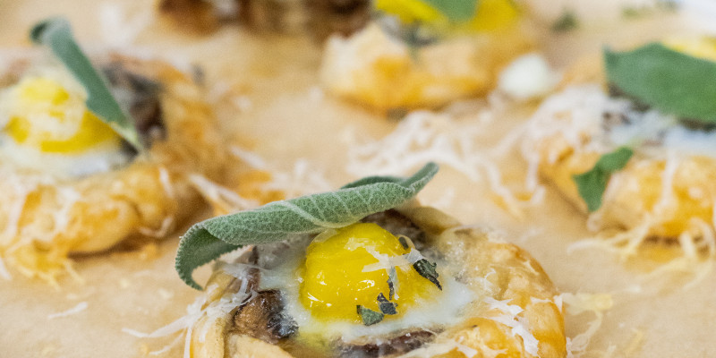 Caramelized Onion, Mushroom and Sage Galette With Quail Eggs