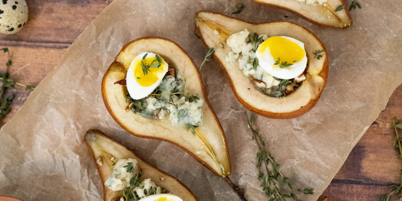 Baked Pear With Gorgonzola and Jammy Quail Eggs