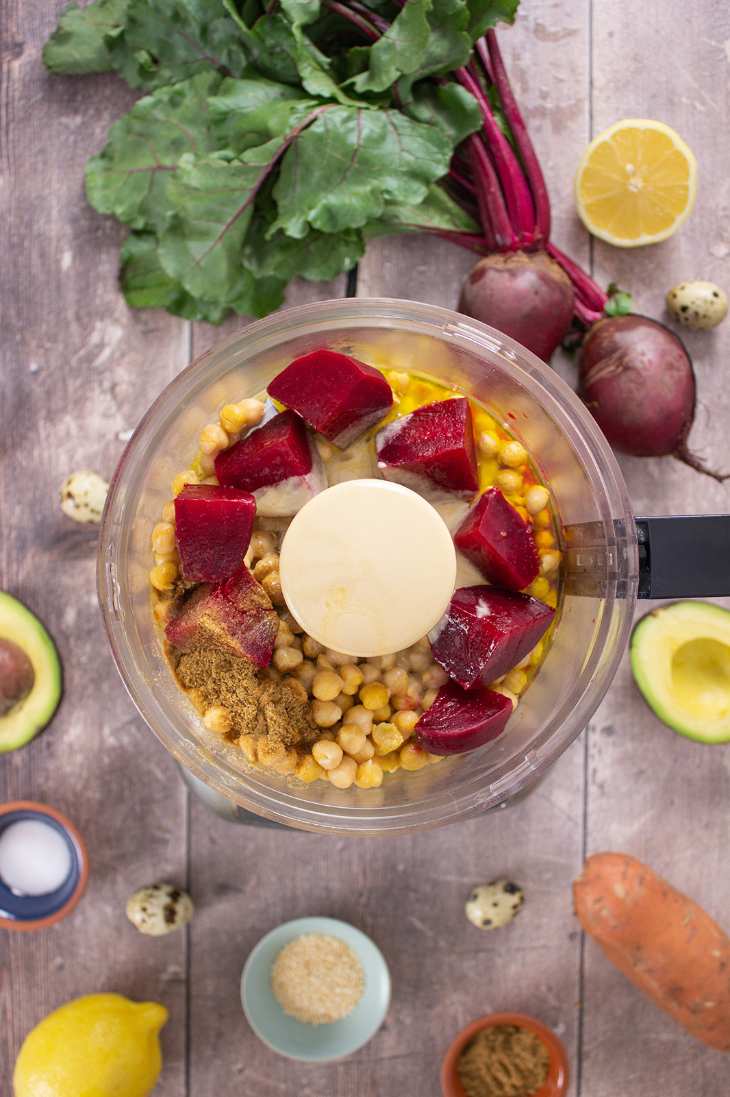 beets and chickpeas in food processor