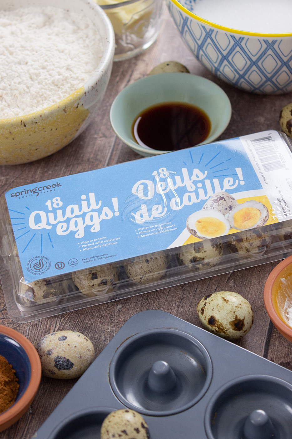 Doughnut tray with Quail Eggs and flour