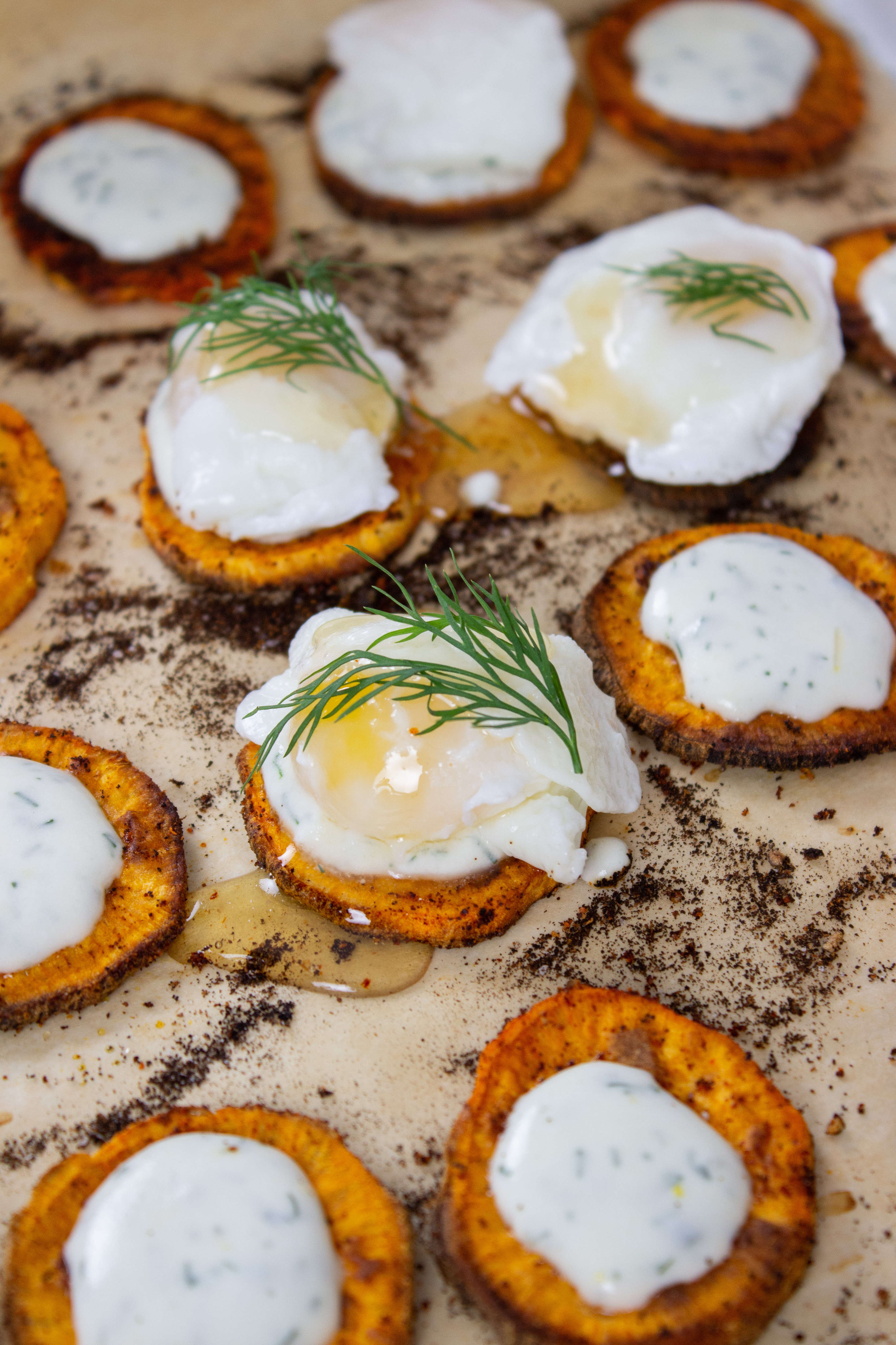 Sweet Potato Crostini with Poached Quail Eggs