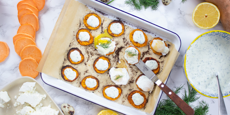 Sweet Potato Crostini With Poached Quail Eggs