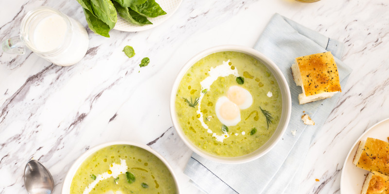 Green Pea Soup With Poached Quail Eggs