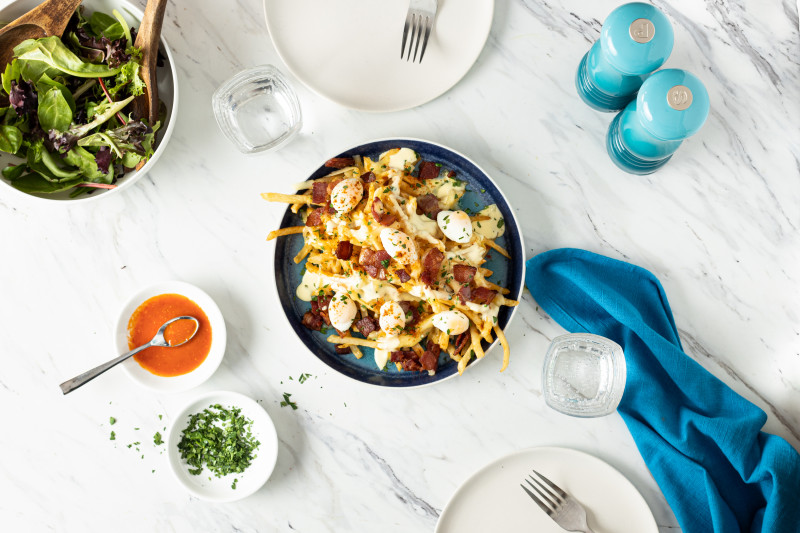 poutine with quail eggs